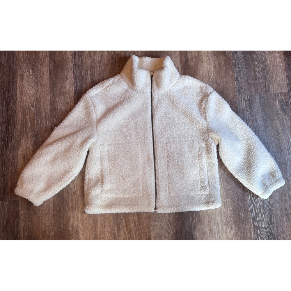 Lands End Ivory Faux Shearling Fleece Full Zip Jacket Mock Neck Womens M